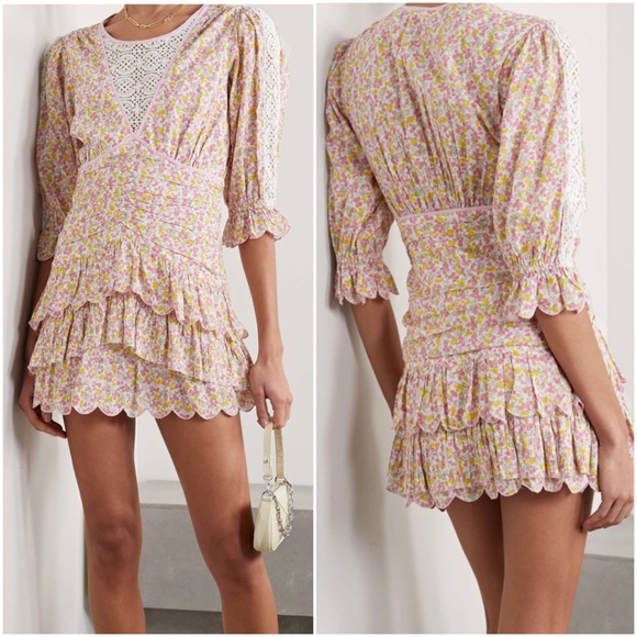 {LOVESHACKFANCY} Marquise Crochet-Trimmed Floral Cotton Mini Dress Size 10